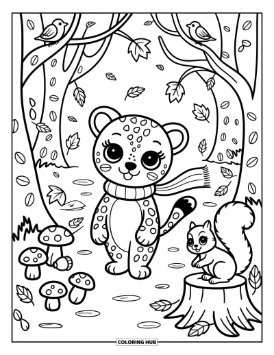 Desenho de leopardo para colorir para adultos: Filhote de leopardo explora um caminho aconchegante na floresta com cachecol e animais curiosos