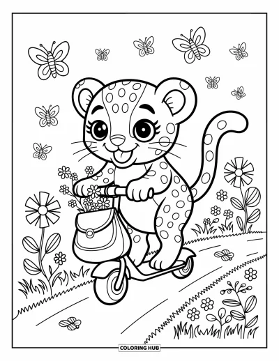 Desenho de leopardo para colorir para adultos: Filhote de leopardo anda de patinete com a língua para fora e flores silvestres na bolsa