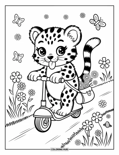 Desenho de leopardo para colorir para adultos: Filhote de leopardo anda de patinete por um caminho com uma bolsa de flores e insetos acenando