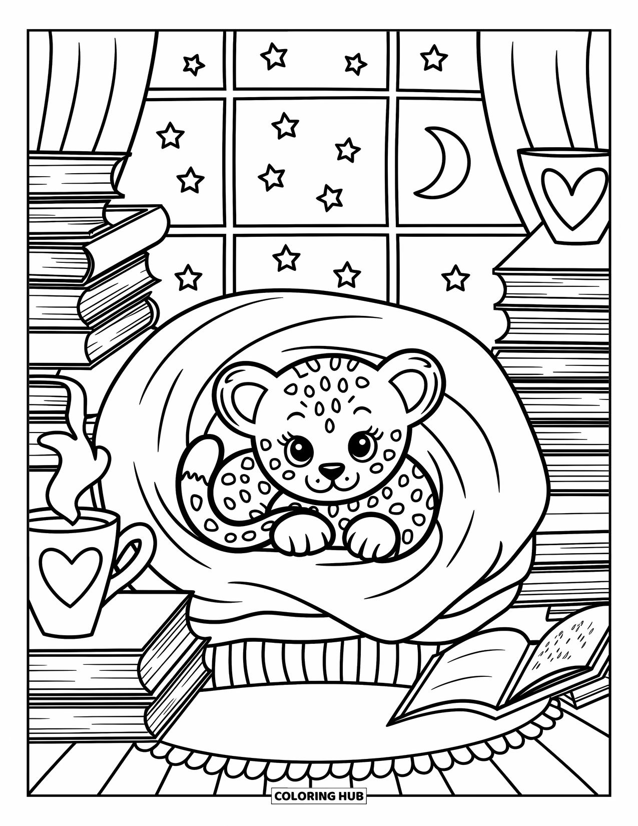 Leopard Coloring Page for Adults: Leopard cub snuggles under a blanket with books and stars outside the window
