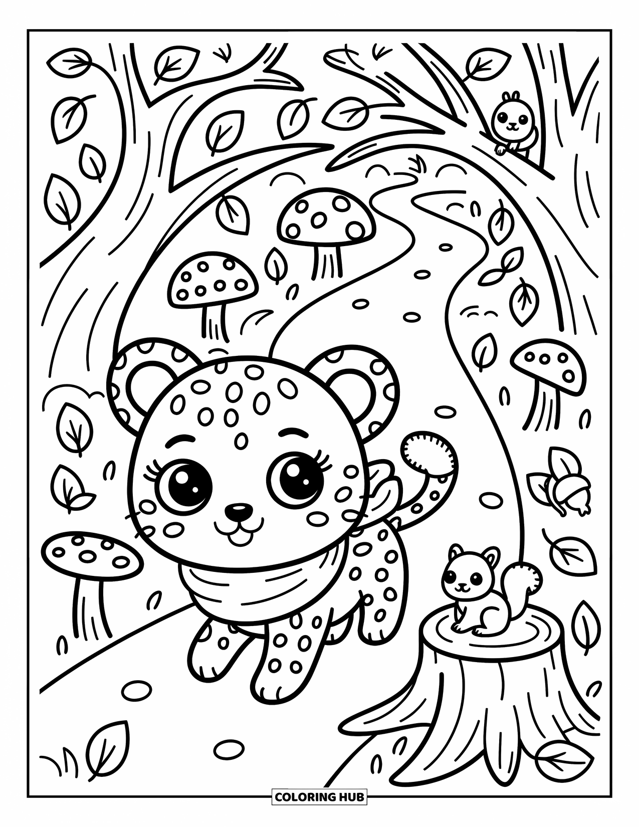 Leopard Coloring Page for Adults: Leopard cub walks a forest path with mushrooms, birds, and a squirrel friend