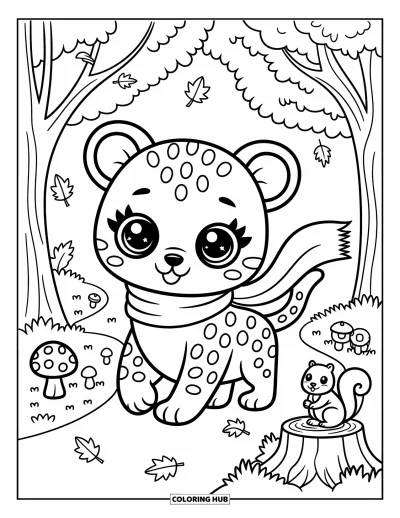 Desenho de leopardo para colorir para adultos: Filhote de leopardo com cachecol passeia pela floresta entre folhas e cogumelos