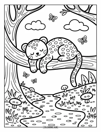 Desenho de leopardo para colorir para adultos: Leopardo pendura uma pata de um galho sobre um riacho tranquilo na floresta