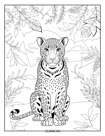 Desenho de leopardo para colorir para adultos: Leopardo emoldurado por cipós da selva e folhas florais detalhadas