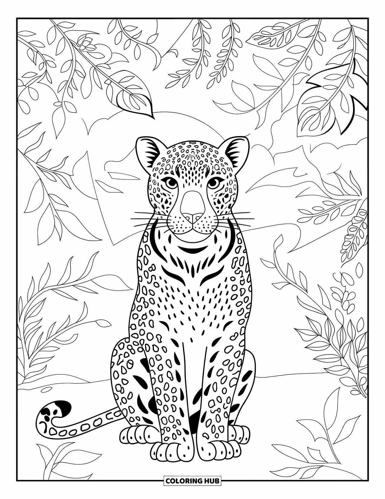 Leopard Coloring Page for Adults: Leopard framed by jungle vines and intricate floral leaves