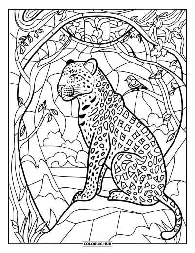 Desenho de leopardo para colorir para adultos: Leopardo contempla a selva rodeado por pássaros e galhos estilo vitral