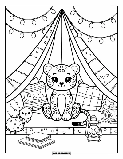 Desenho de leopardo para colorir para adultos: Leopardo se esconde em uma cabana de cobertores com livros, brinquedos e luzes mágicas