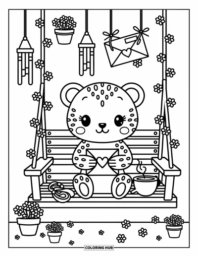 Desenho de leopardo para colorir para adultos: Leopardo segura uma carta em um balanço rodeado de flores e envelopes flutuando