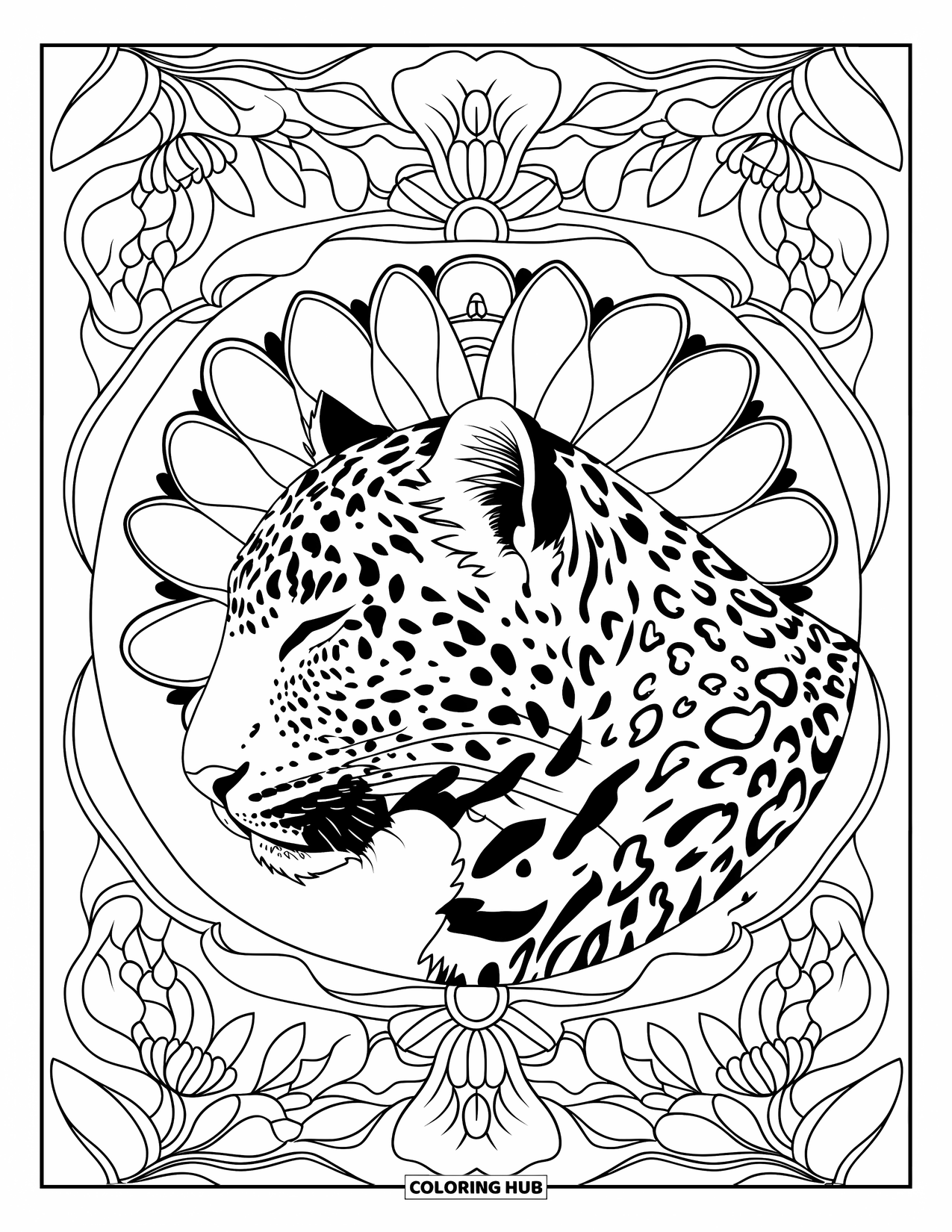 Leopard Coloring Page for Adults: Leopard in profile with floral mandalas and leafy background patterns