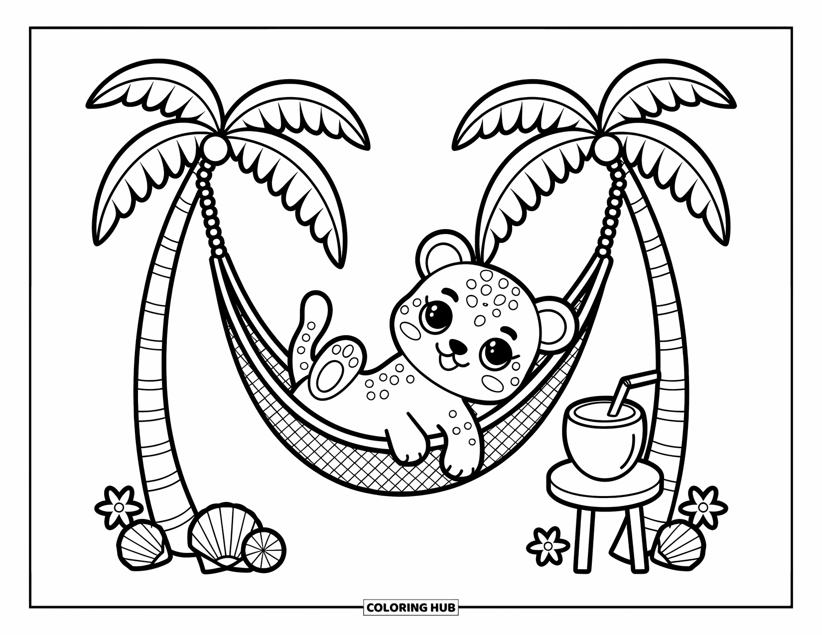 Leopard Coloring Page for Adults: Leopard lounges in a hammock between palm trees with a coconut drink nearby