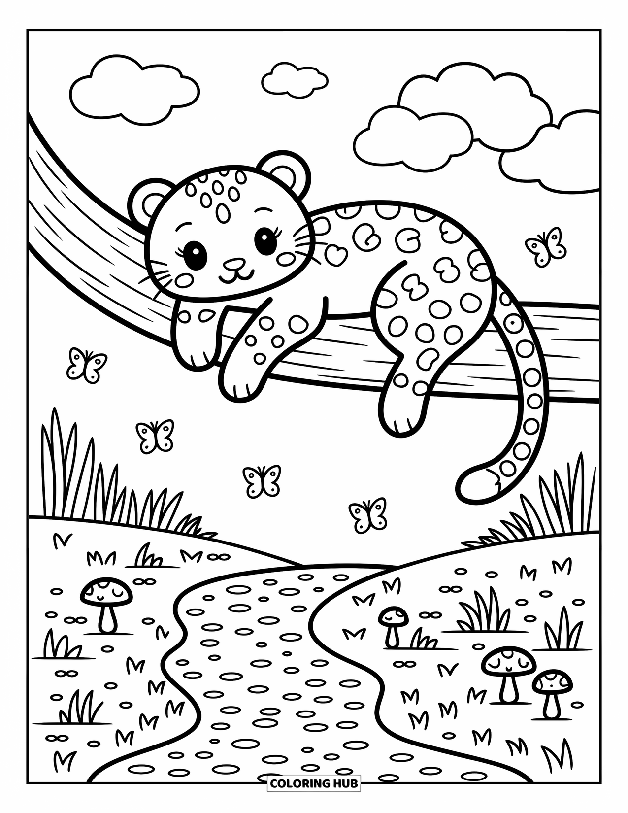 Leopard Coloring Page for Adults: Leopard lounges on a branch over a stream with butterflies and drifting clouds