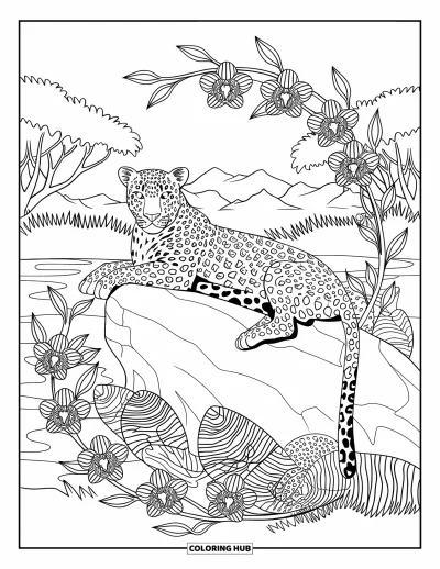 Desenho de leopardo para colorir para adultos: Leopardo cochila em uma pedra entre orquídeas e cenário florestal