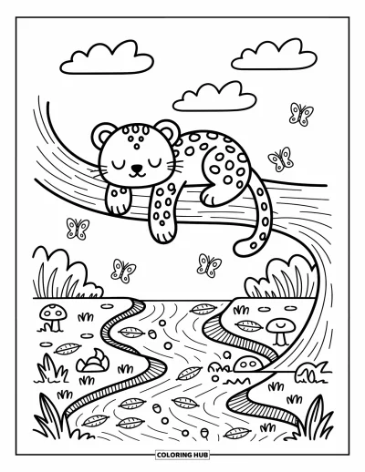 Desenho de leopardo para colorir para adultos: Leopardo cochila em um galho sobre um riacho com borboletas e cogumelos