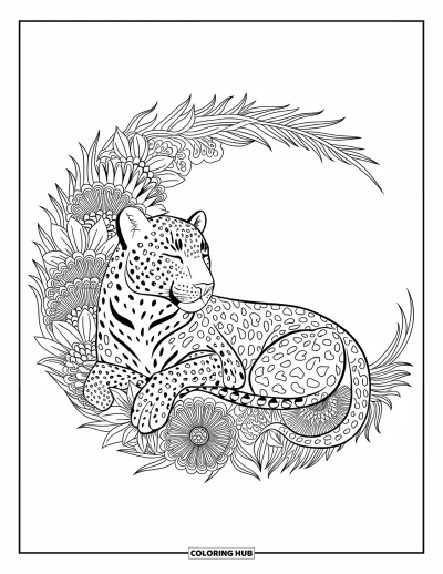 Desenho de leopardo para colorir para adultos: Leopardo aninhado em flores silvestres emoldurado por flores estilo mandala em espiral