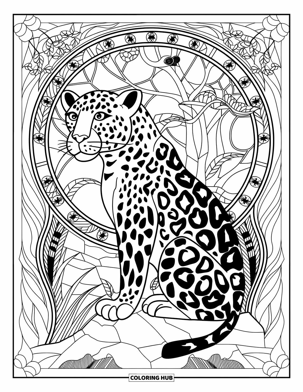 Leopard Coloring Page for Adults: Leopard on a rock with stained glass jungle and detailed forest border