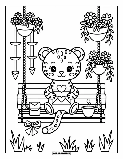 Desenho de leopardo para colorir para adultos: Leopardo em um balanço com chá, vasos de flores e cartas amarradas com laço ao vento