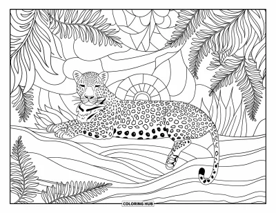 Desenho de leopardo para colorir para adultos: Leopardo descansando em pedras com samambaias exuberantes e padrões de plantas estilo vitral