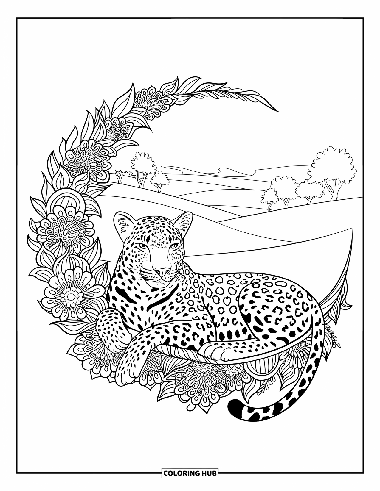 Leopard Coloring Page for Adults: Leopard rests in flowers with mandala swirls and a distant hillside view