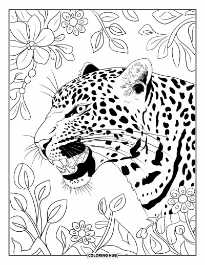 Desenho de leopardo para colorir para adultos: Leopardo ruge em meio a um fundo de designs florais e de folhas