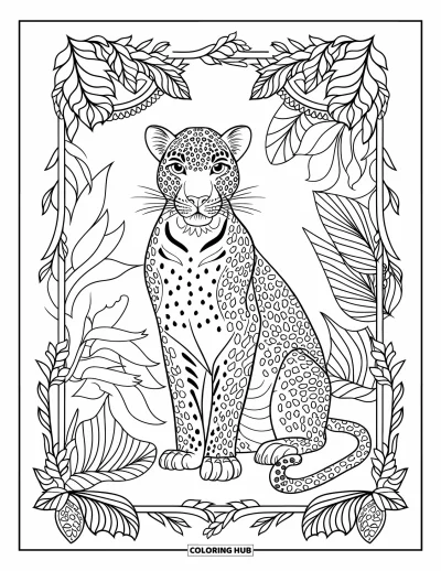 Desenho de leopardo para colorir para adultos: Leopardo senta entre cipós tropicais com um fundo de selva em branco