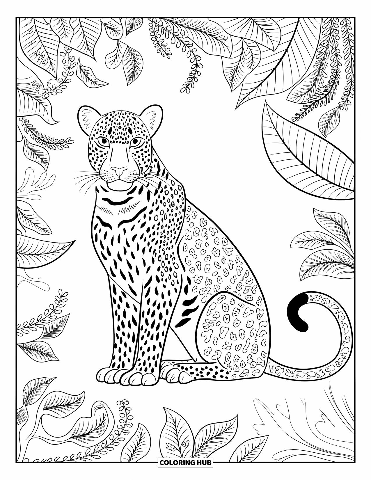 Leopard Coloring Page for Adults: Leopard sits calmly surrounded by floral jungle vines and leafy patterns