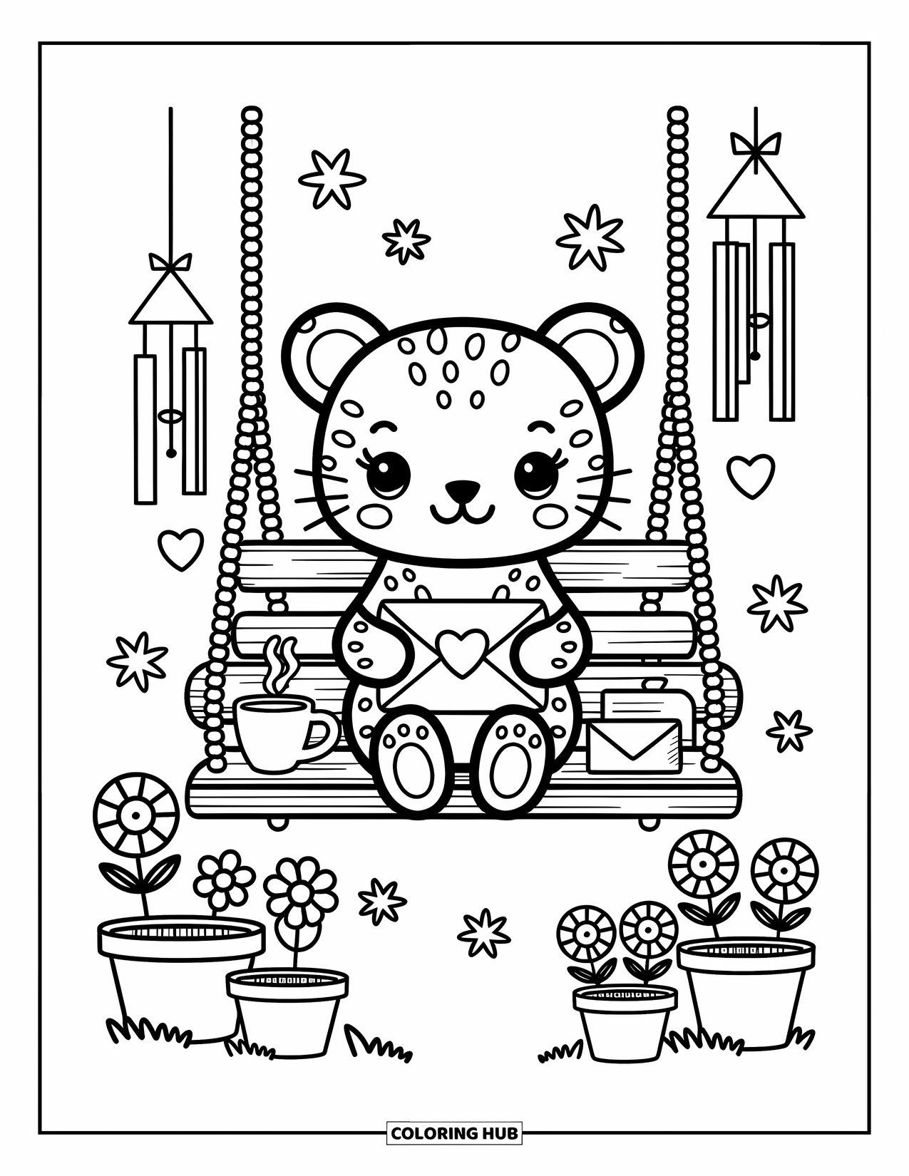 Leopard Coloring Page for Adults: Leopard sits on a porch swing holding a letter with tea and flower pots