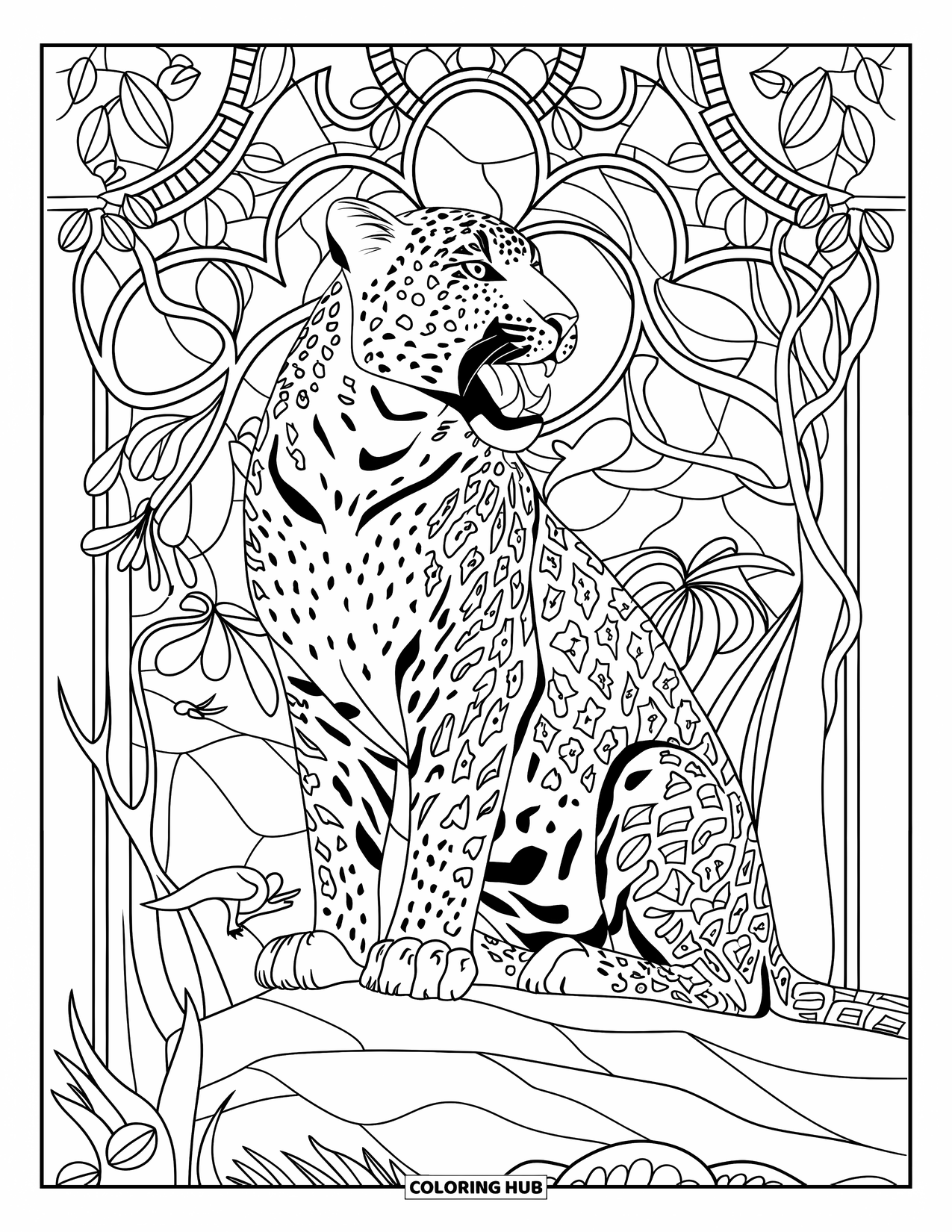 Leopard Coloring Page for Adults: Leopard sits on a rock with stained glass trees, vines, and birds behind