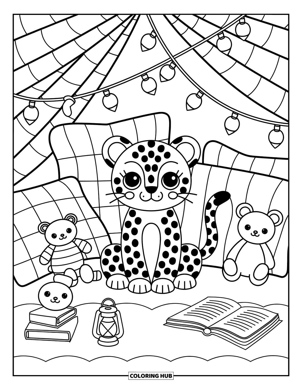 Leopard Coloring Page for Adults: Leopard snuggles in a quilt fort surrounded by toys, string lights, and quiet magic