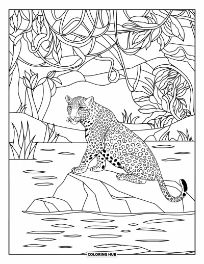 Desenho de leopardo para colorir para adultos: Leopardo observa de uma pedra com selva estilo vitral e lago ao fundo
