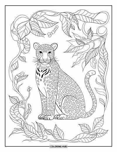 Desenho de leopardo para colorir para adultos: Leopardo rodeado por folhas detalhadas e cipós florais torcidos da selva