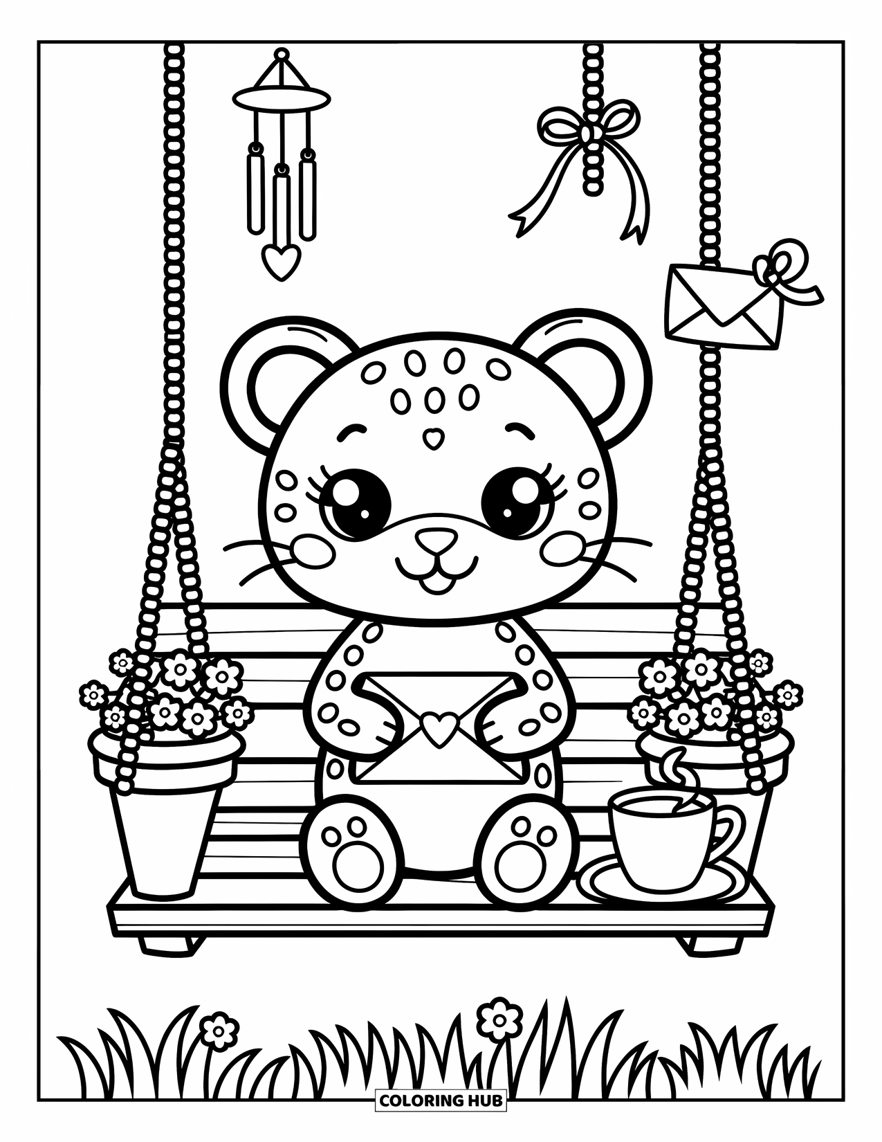 Leopard Coloring Page for Adults: Leopard swings with a heart-sealed letter, tea, and playful chimes nearby