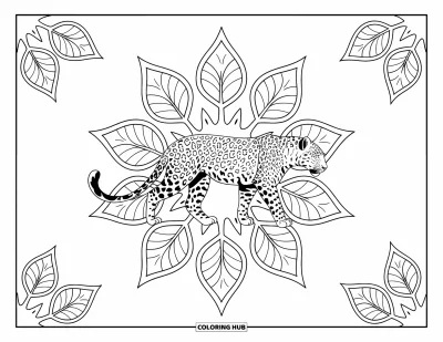 Desenho de leopardo para colorir para adultos: Leopardo caminha com orgulho entre mandalas de folhas em fundo branco limpo
