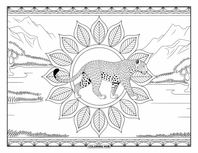 Desenho de leopardo para colorir para adultos: Leopardo com rabo arqueado caminha entre mandalas e um lago com árvores
