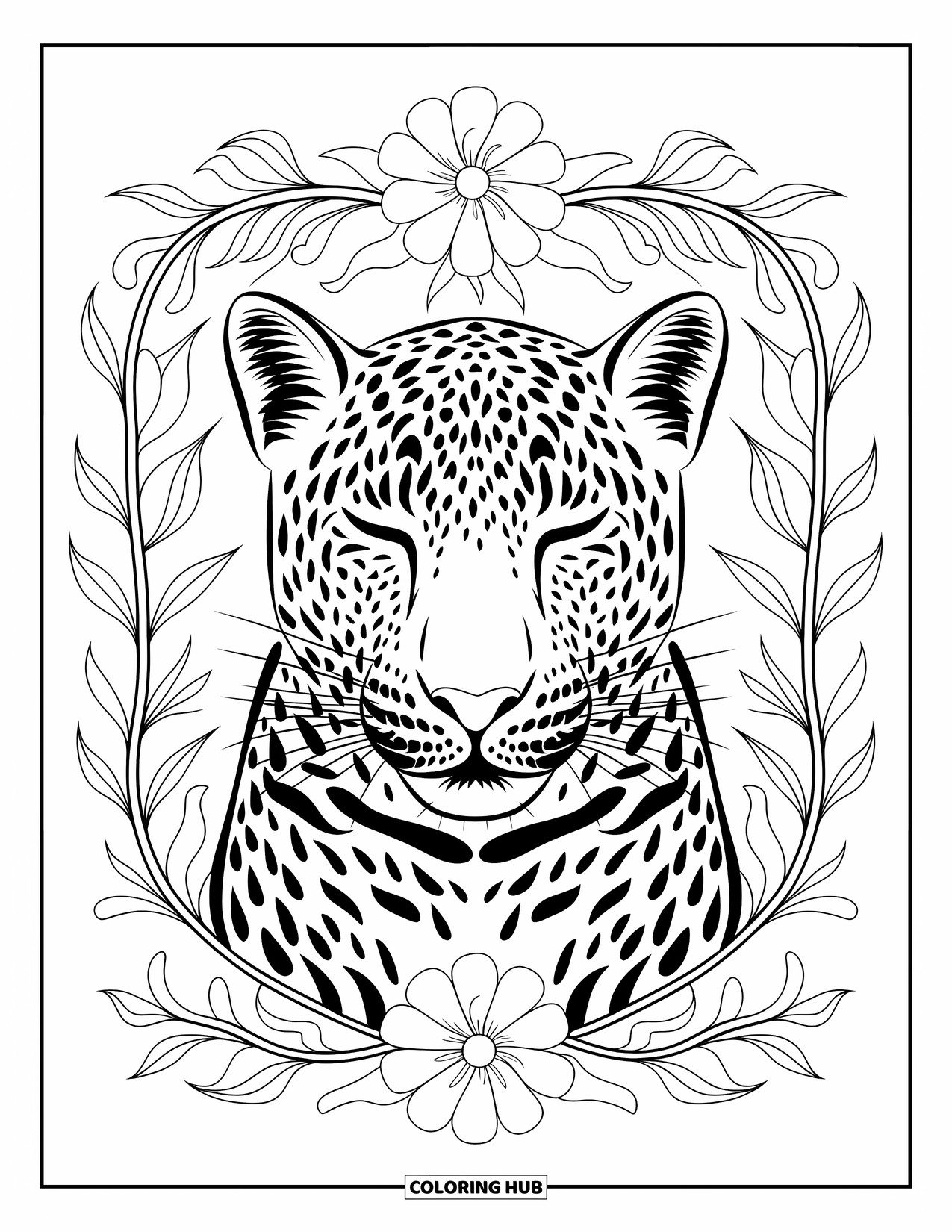Leopard Coloring Page for Adults: Leopard's head is framed by symmetrical flower and leaf patterns