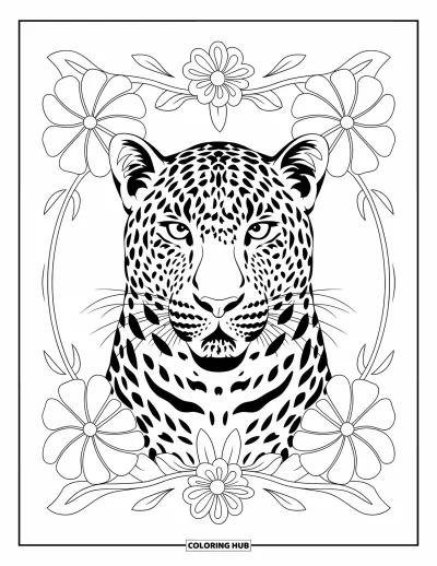 Desenho de leopardo para colorir para adultos: Cabeça de leopardo cercada por bordas florais e de folhas bem marcantes
