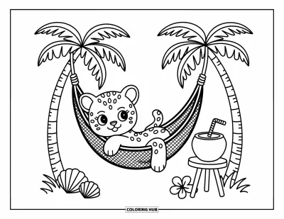 Desenho de leopardo para colorir para adultos: Leopardo relaxado descansa em uma rede com flores, conchas e uma bebida de coco