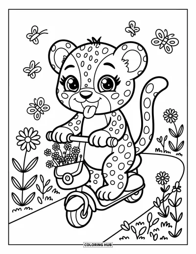 Desenho de leopardo para colorir para adultos: Leopardo de patinete passa veloz por flores e borboletas com uma mochila de flores silvestres