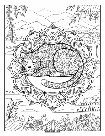 Desenho de leopardo para colorir para adultos: Leopardo dormindo enrolado dentro de uma mandala botânica de página inteira