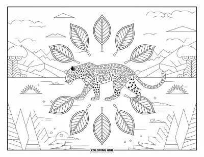 Desenho de leopardo para colorir para adultos: Leopardo caminhando emoldurado por mandalas de folhas em uma paisagem serrana tranquila