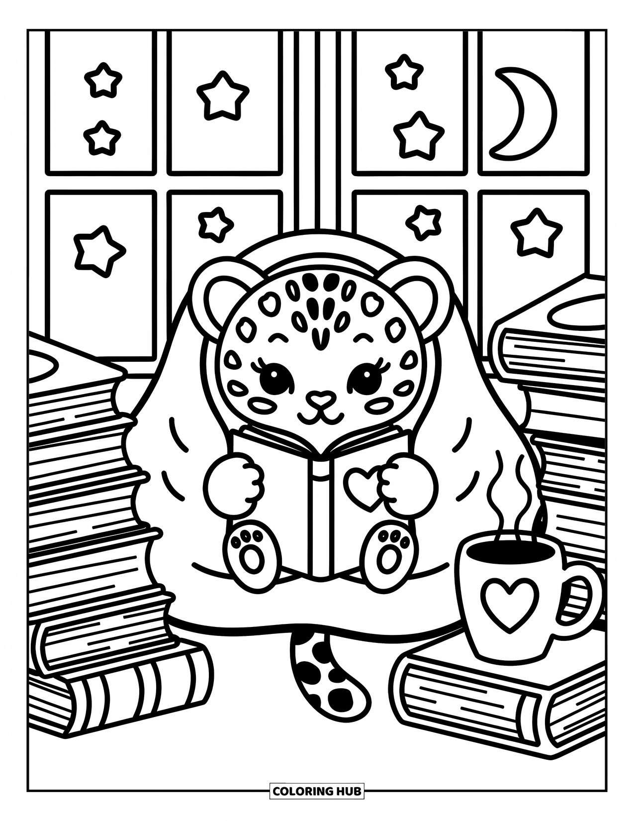 Leopard Coloring Page for Adults: Wrapped in a blanket, a leopard cub reads by moonlight with books and tea