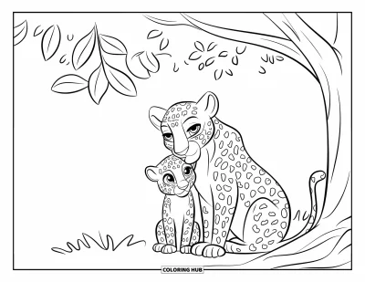 Desenho de leopardo para colorir para crianças: Filhote de leopardo senta no colo da mãe sob uma árvore de folhas grandes