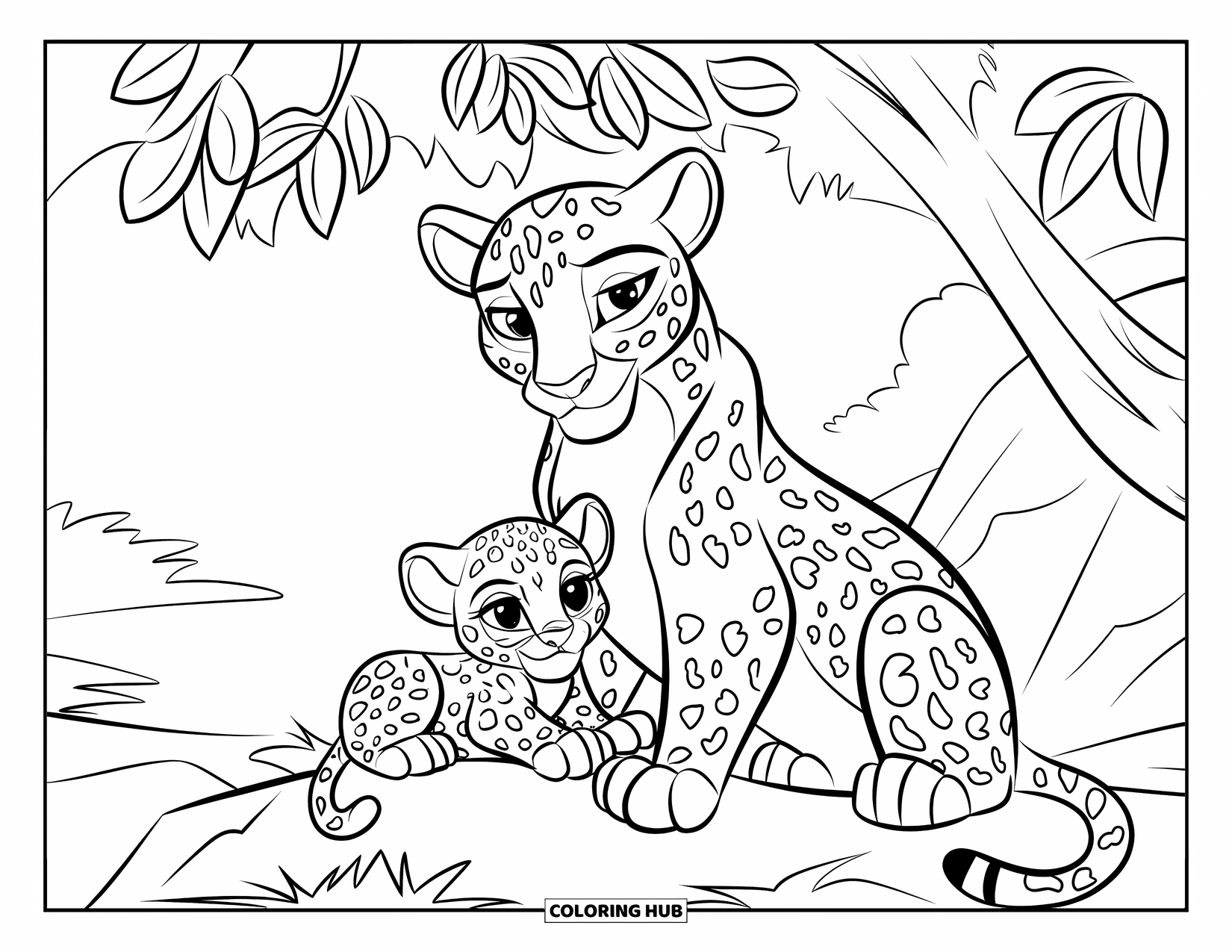 Leopard Coloring Page for Kids: Baby leopard snuggles with mom under a leafy tree in a quiet field