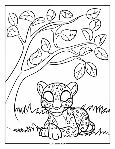 Desenho de leopardo para colorir para crianças: Leopardo animado cochila sob uma árvore com folhas grandes e fáceis de colorir