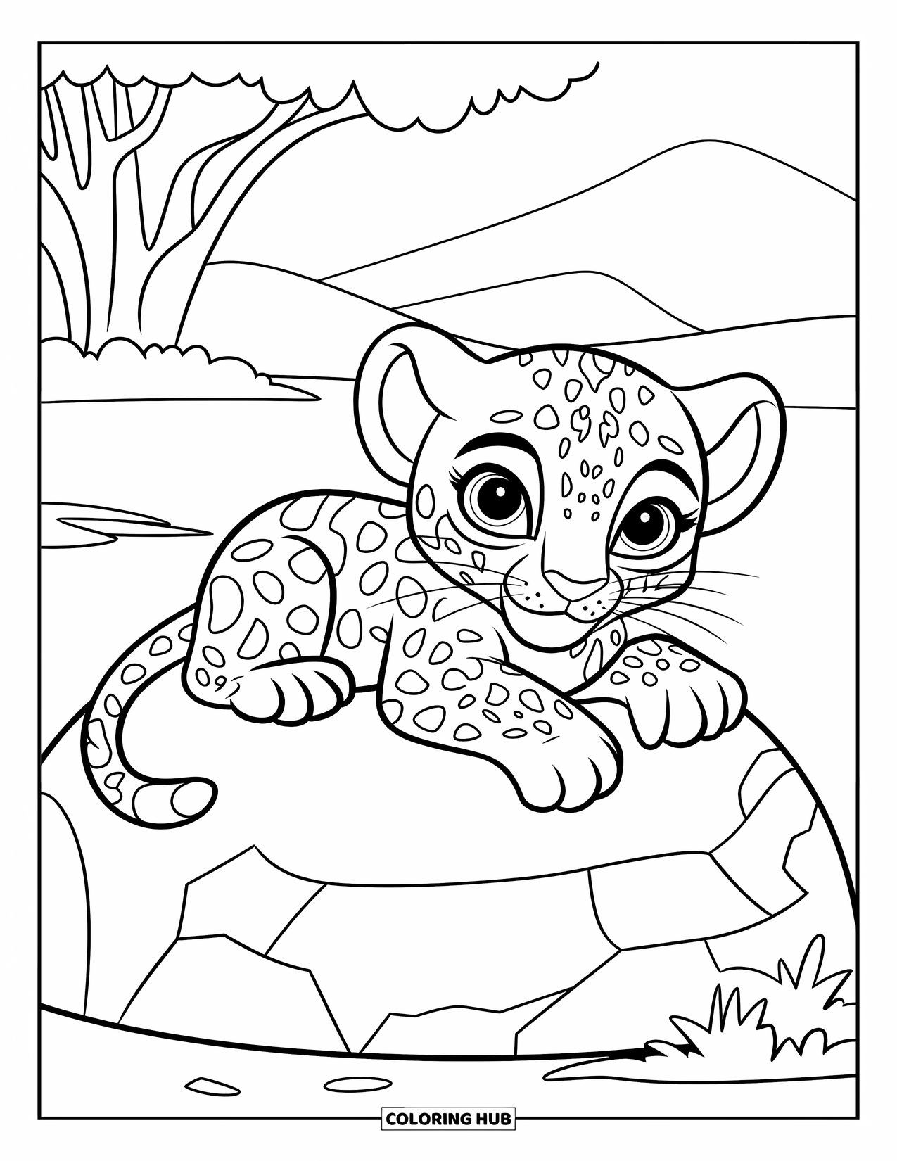 Leopard Coloring Page for Kids: Curious baby leopard lies on a rock with trees and mountains nearby