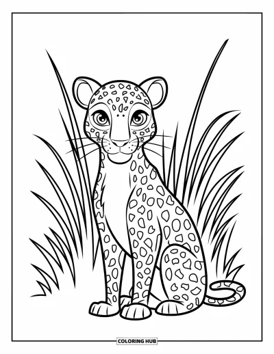 Desenho de leopardo para colorir para crianças: Leopardo curioso senta na grama alta com olhos grandes e expressivos