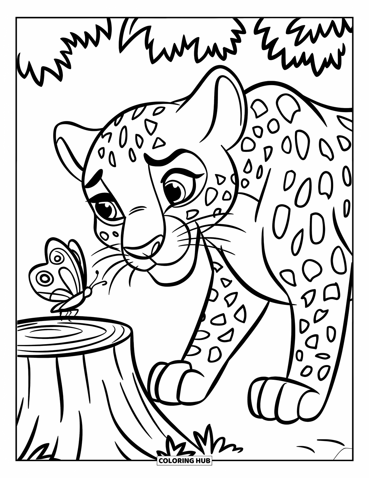 Leopard Coloring Page for Kids: Curious leopard watches a butterfly near a tree stump