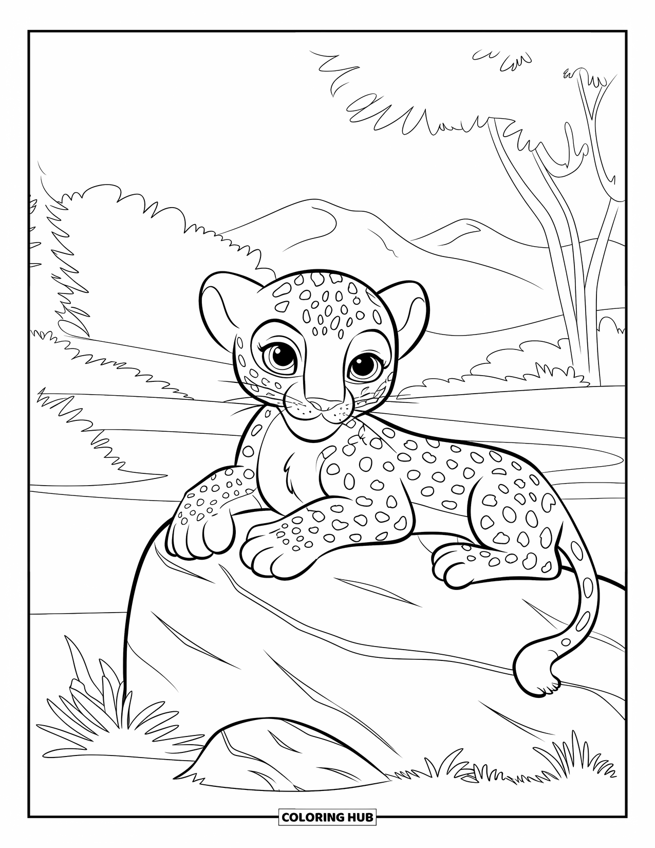 Leopard Coloring Page for Kids: Fluffy baby leopard rests on a rock in a forested mountain scene