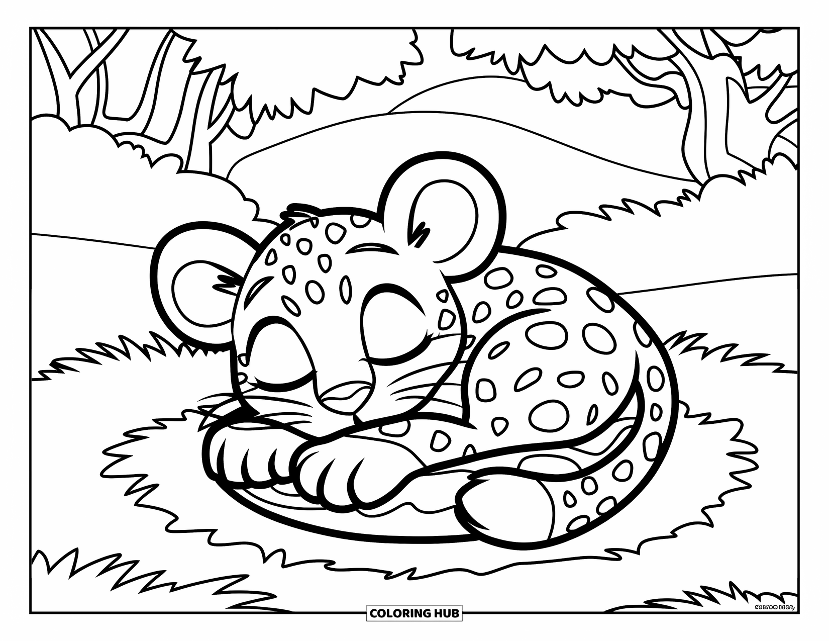 Leopard Coloring Page for Kids: Fluffy leopard cub sleeps curled up on grass under hills and trees