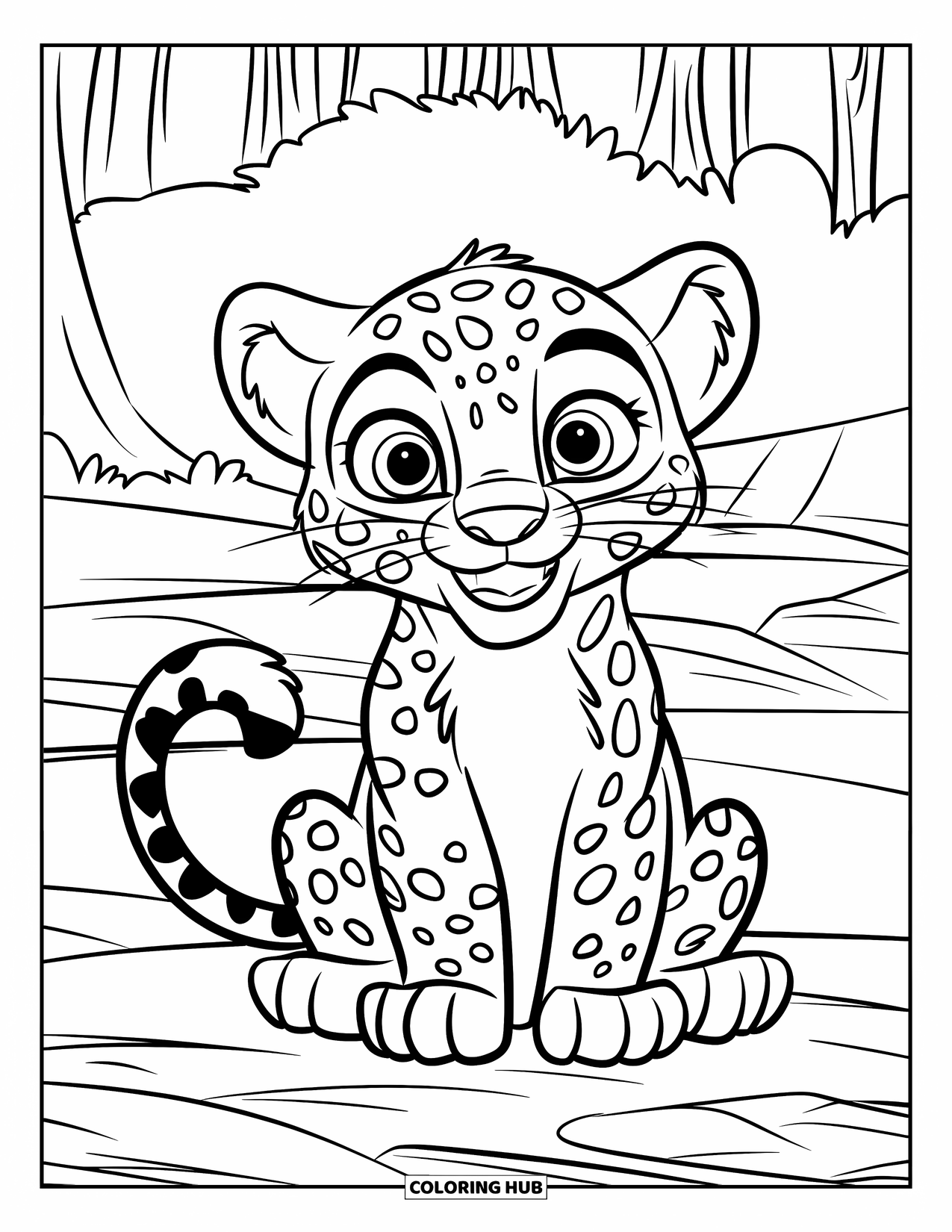 Leopard Coloring Page for Kids: Fluffy leopard cub with bright eyes sits on a rock in the forest