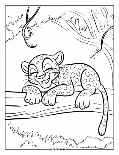 Desenho de leopardo para colorir para crianças: Leopardo feliz descansa em um galho grosso com cipós enrolados por perto